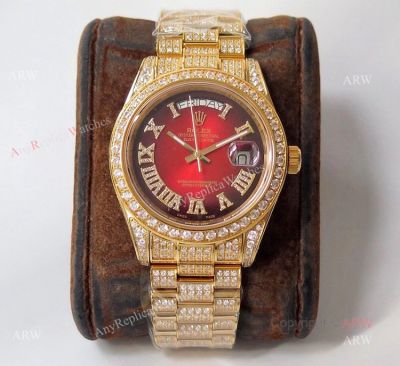 Mens Rolex Day Date Replica Watch - Asian 2836 Red Ombre Face Rolex Iced Out Watch